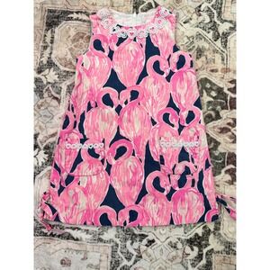 Lilly Pulitzer Girls Pink Flamingo Shift Dress Navy Blue Heart Lace Trim Size  5